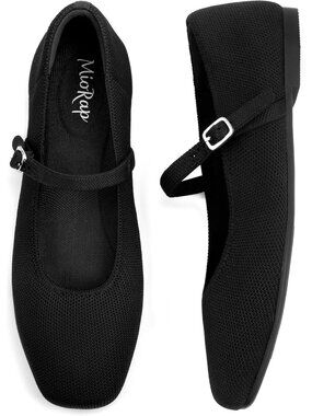 Women's Black Comfortable Knit Ballet Square Toe Adjustable Straps Shoes Flats
